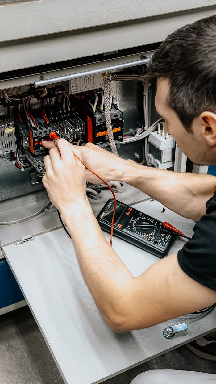 services-02 An electrician uses a multimeter to test and diagnose connections in an open electrical panel.